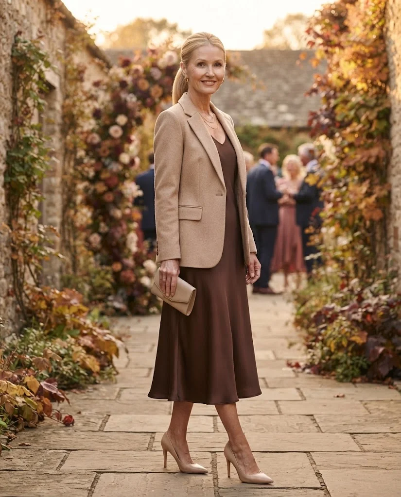 Chocolate Brown Satin Dress with Beige Blazer, a semi-formal wedding guest outfit for women over 50