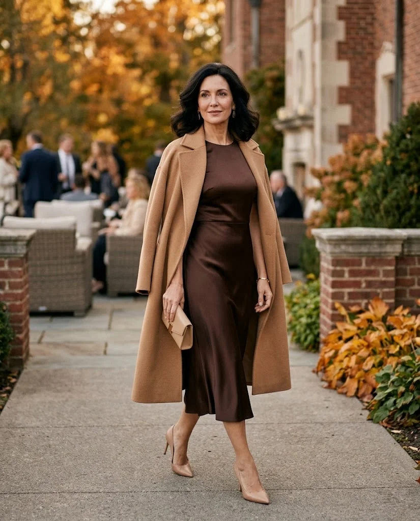 Chocolate Brown Satin Dress with Camel Coat, a fall wedding guest outfit for women over 50