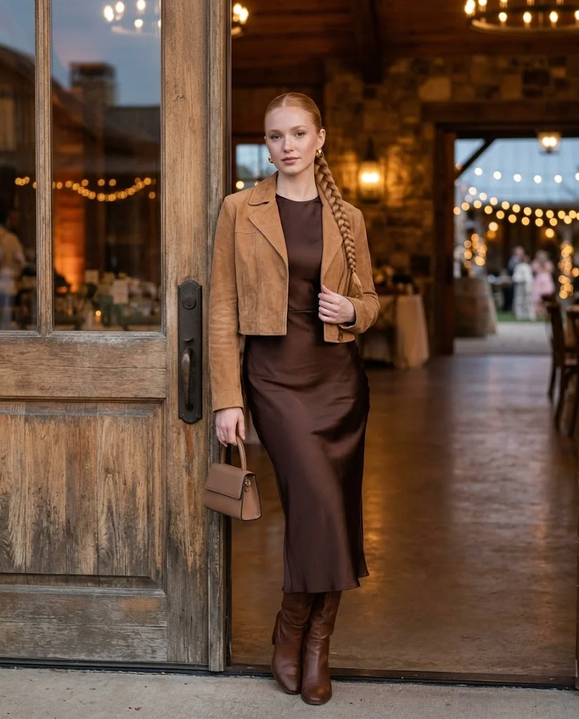 Chocolate Brown Satin Dress with a Cropped Suede Jacket, a stylish western wedding guest outfit for women