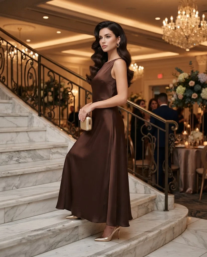 Chocolate Brown Satin Maxi Dress with Gold Accessories, a classy and elegant wedding guest outfit for women