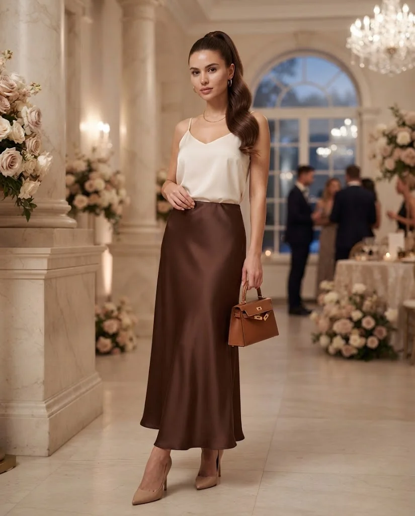 Chocolate Brown Satin Maxi Skirt with an Ivory Camisole, a stylish petite wedding guest outfit for women