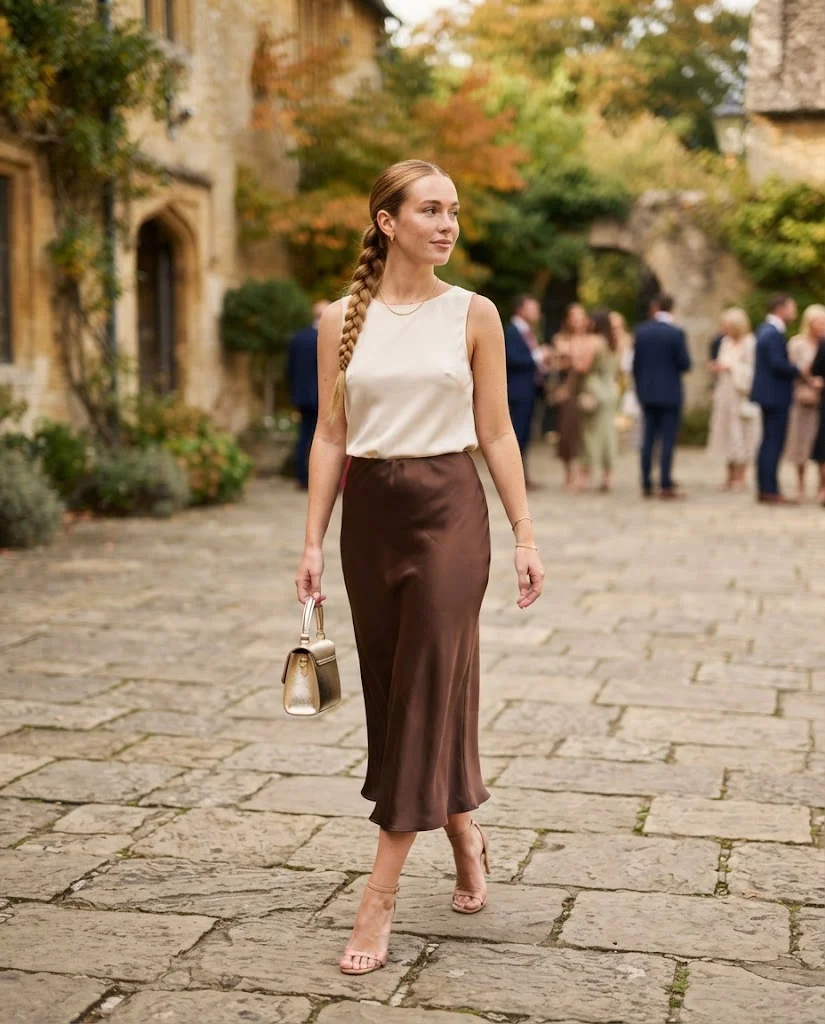 women wearing Chocolate Brown Satin Skirt With a Cream Top
