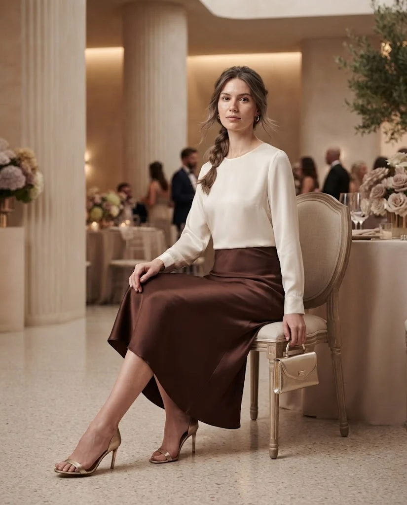 women wearing Chocolate Brown Satin Skirt With an Ivory Blouse