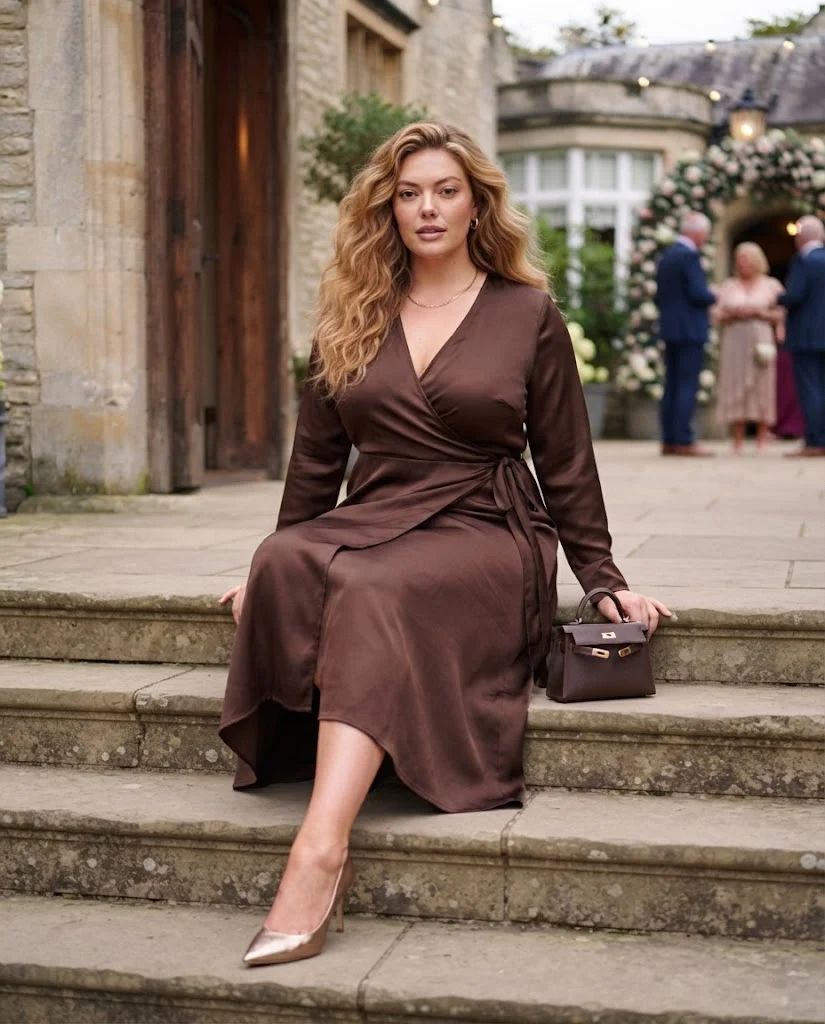 women wearing Chocolate Brown Satin Wrap Dress