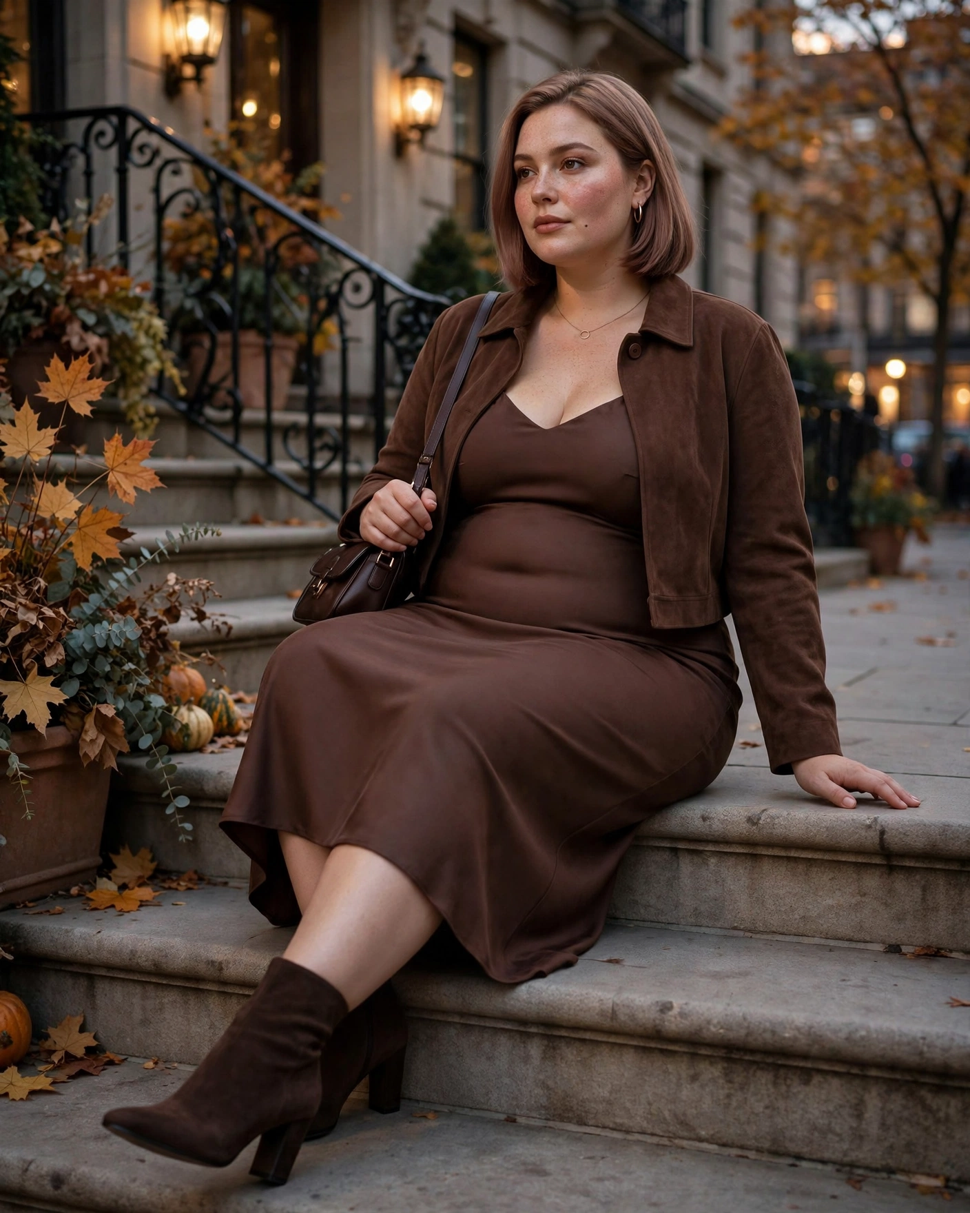 Chocolate Brown Slip Dress With a Cropped Jacket Plus Size Fall Night Out Outfit