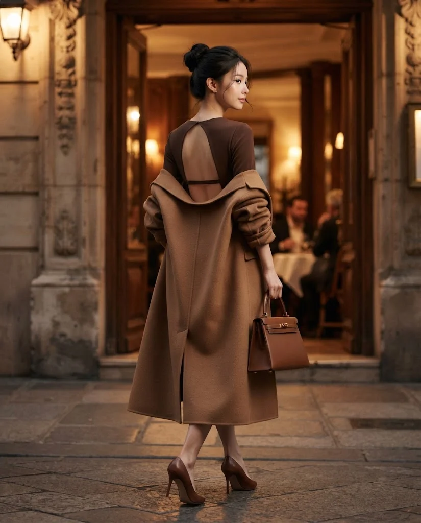 Chocolate Brown Subtle Backless Dress with a Long Camel Coat, an elegant old money fall date night outfit for women