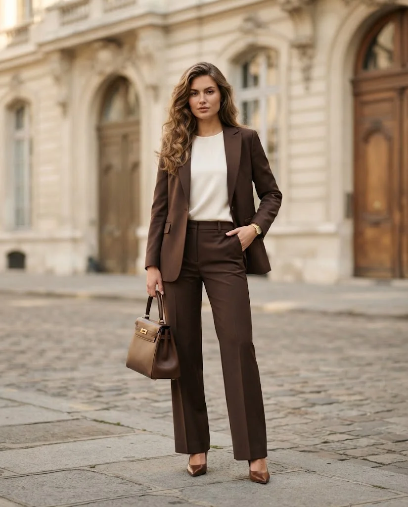 women wearing Chocolate Brown Suit With an Ivory Blouse