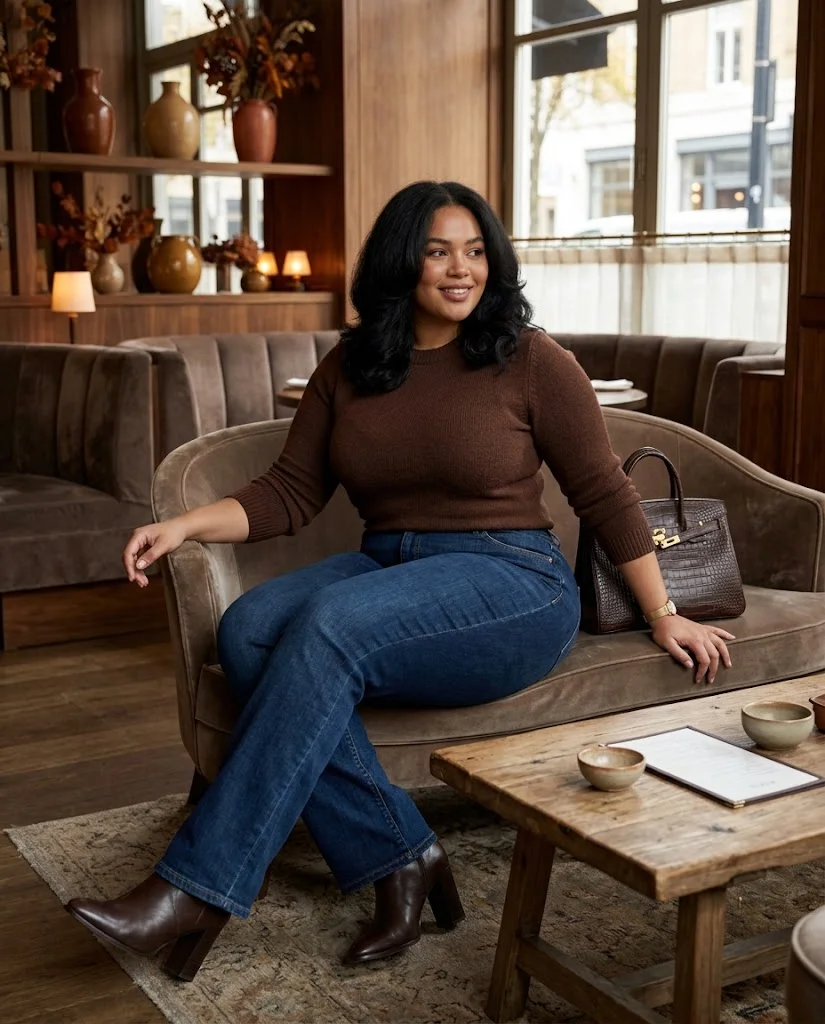 Plus Size Fall Dinner Outfits: 15 Chic Looks for Autumn Evenings 3 Chocolate Brown Sweater With Dark Bootcut Jeans Plus Size Fall Dinner Outfit