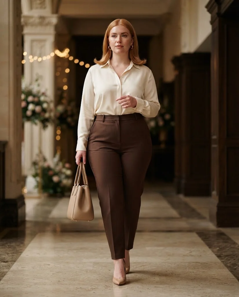 women wearing Chocolate Brown Trousers With a Cream Blouse