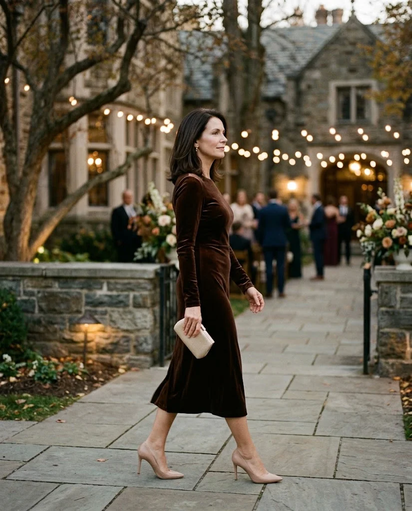Chocolate Brown Velvet Dress with Nude Heels, a fall wedding guest outfit for women over 50
