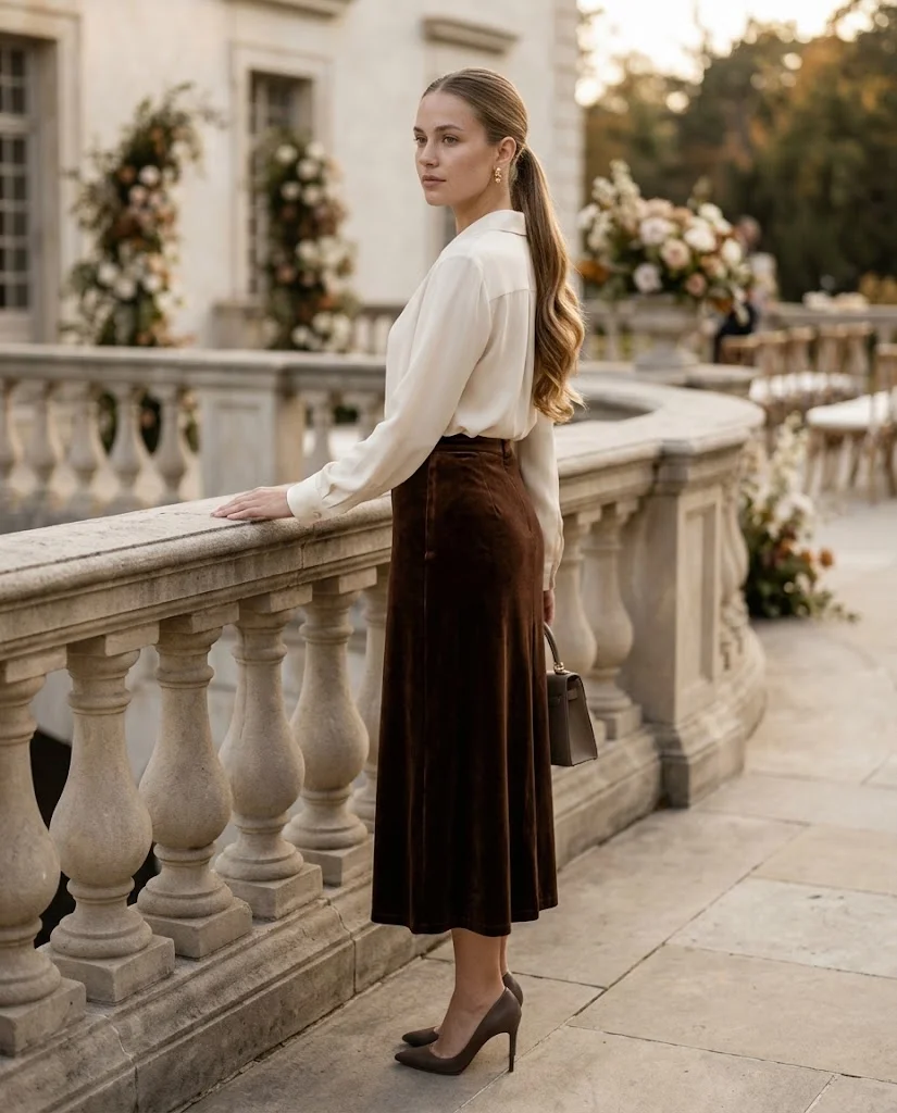 women wearing Chocolate Brown Velvet Skirt With a Cream Blouse