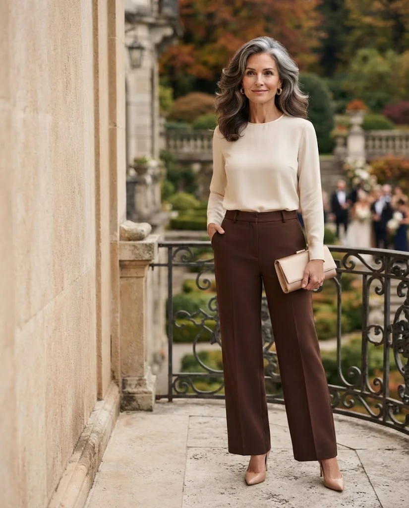 Chocolate Brown Wide-Leg Pants with Cream Blouse, an elegant wedding guest outfit for women over 50