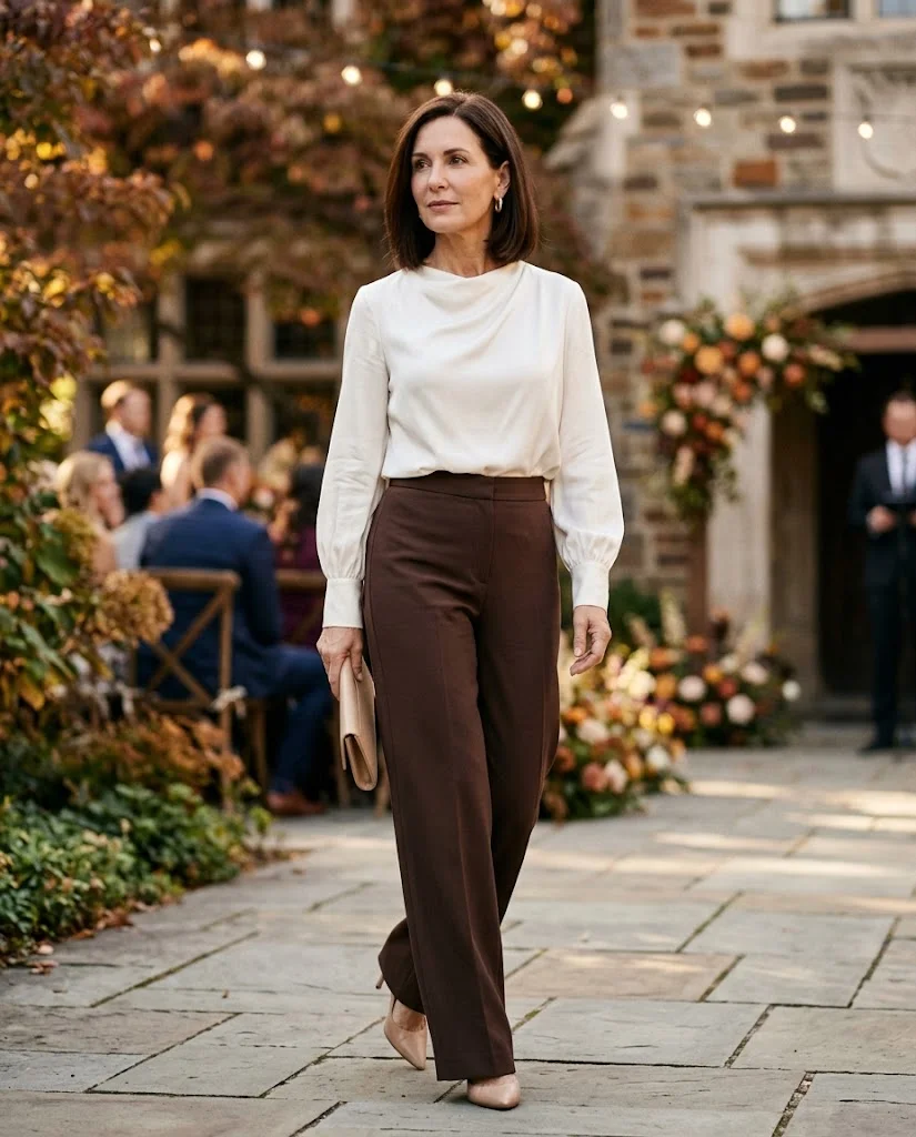 Chocolate Brown Wide-Leg Pants with Ivory Blouse, a fall wedding guest outfit for women over 50
