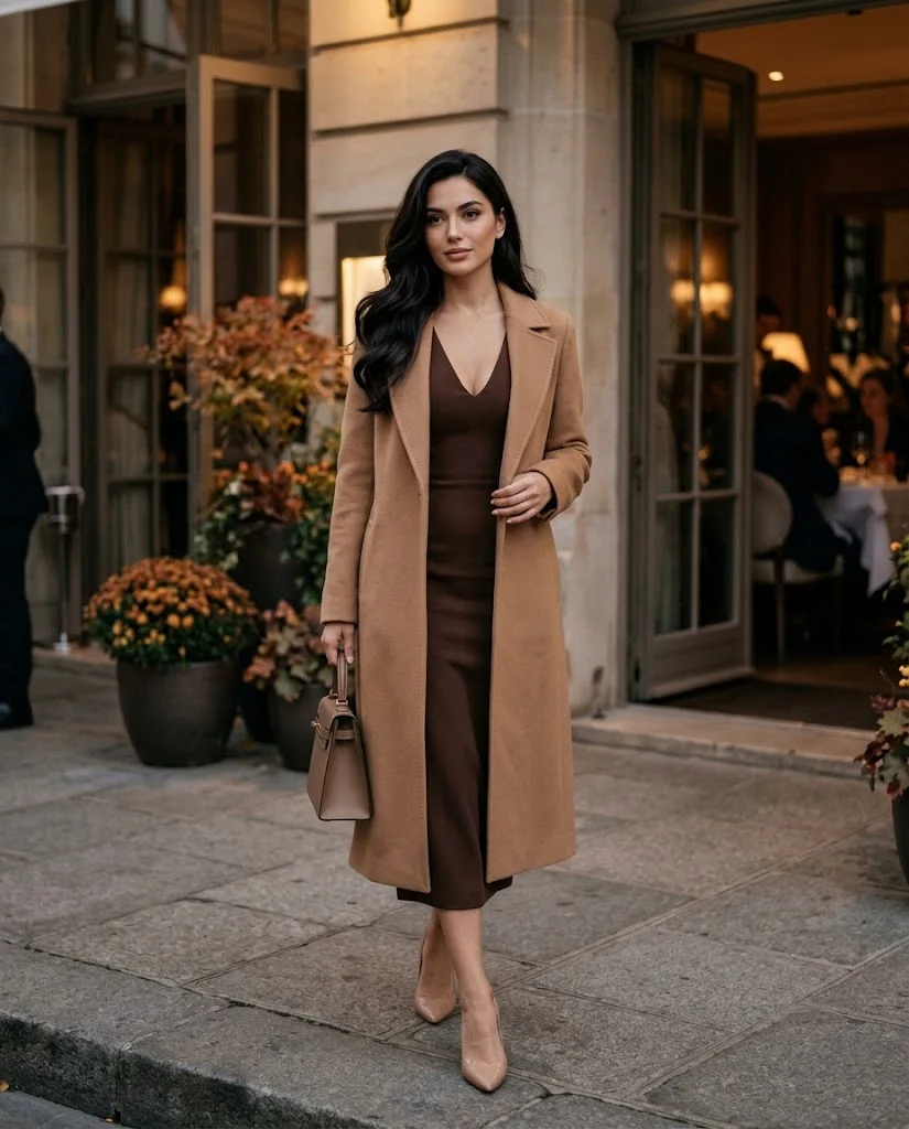 Chocolate Deep-Neckline Midi Dress with a Camel Coat, an elegant old money fall dinner outfit for women