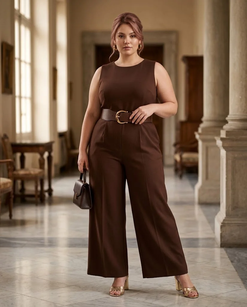 Chocolate Jumpsuit With a Statement Belt Plus Size Thanksgiving Outfit
