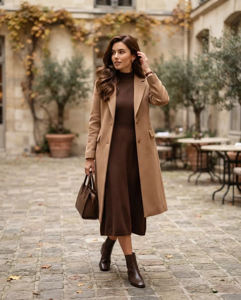 Chocolate Knit Dress with Ankle Boots, an elegant old money fall brunch outfit for women