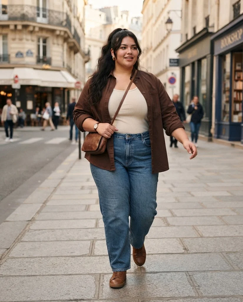 Chocolate Overshirt With a Cream Tank and Relaxed Jeans Plus Size Casual Outfit