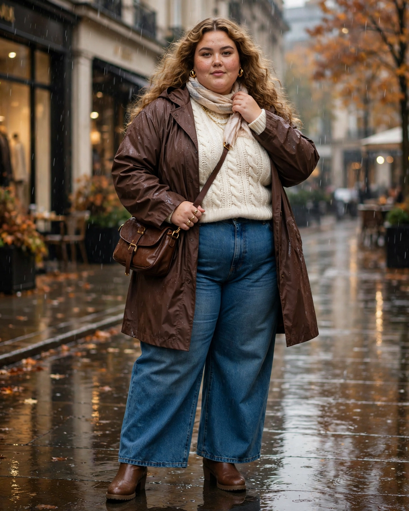 Chocolate Raincoat With a Cream Knit and Wide-Leg Jeans Plus Size Rainy Fall Outfit