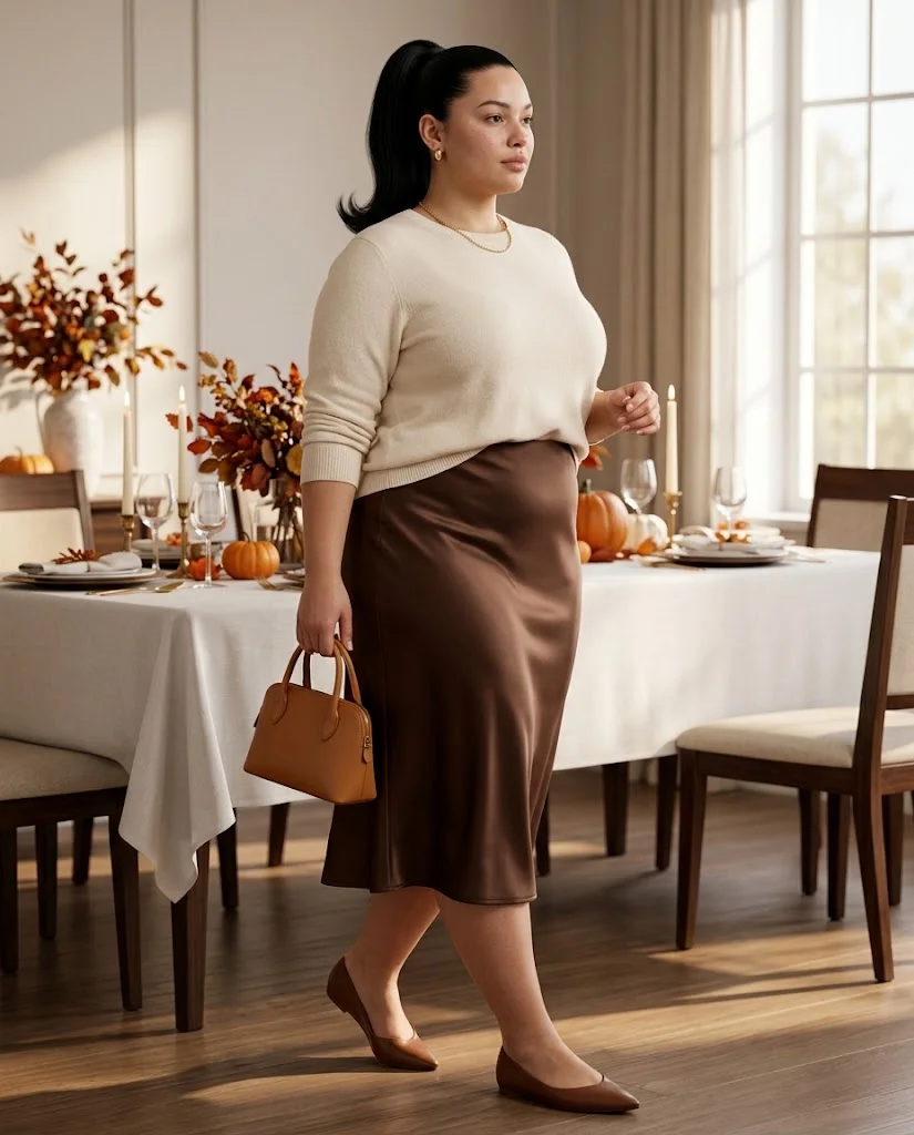 Chocolate Satin Midi Skirt With a Cream Knit Top Plus Size Thanksgiving Outfit