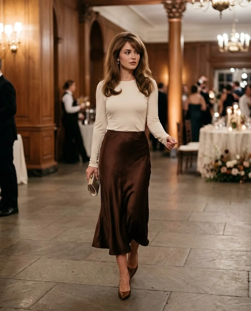  women wearing Chocolate Satin Skirt With a Long-Sleeve Blouse