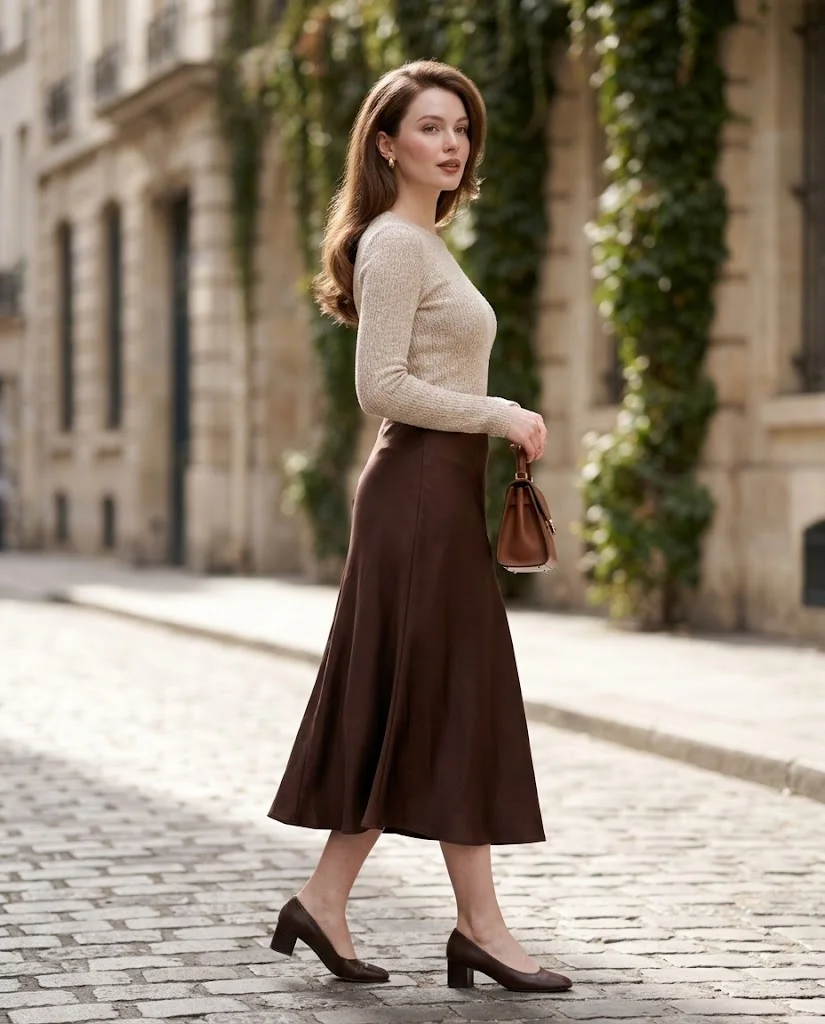 Elegant Old Money Outfits for Women: 20+ Timeless Ideas 6 women wearing Chocolate Satin Skirt With an Oatmeal Knit