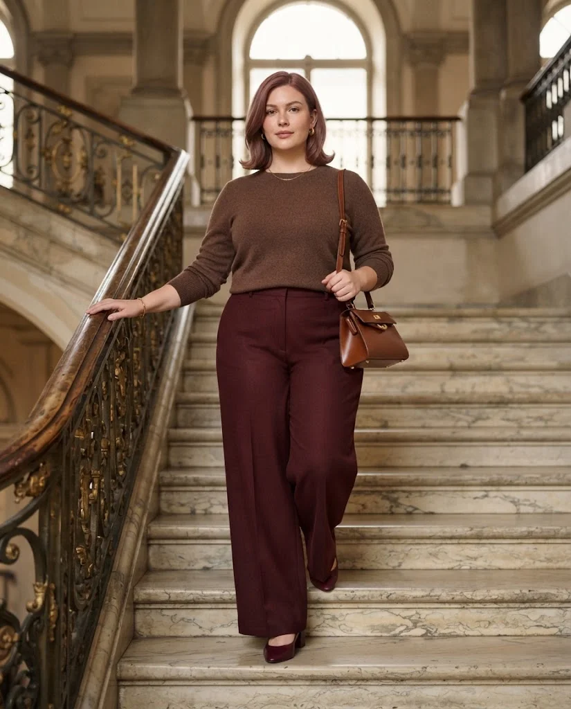 Plus Size Fall Outfits for Women: 15 Stylish Ideas 14 Chocolate Sweater With Burgundy Wide-Leg Pants, a rich plus size fall outfit for women