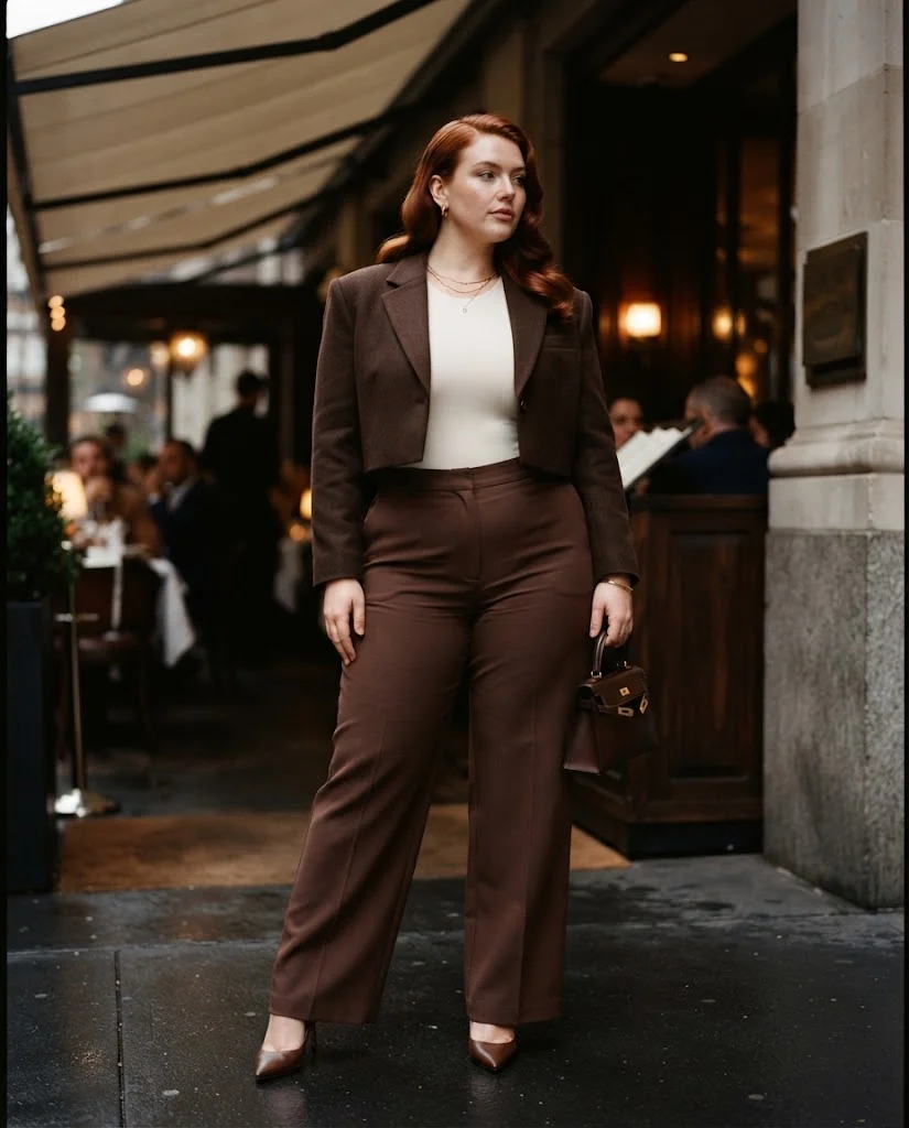Chocolate Wide-Leg Trousers With an Ivory Bodysuit Plus Size Date Night Outfit