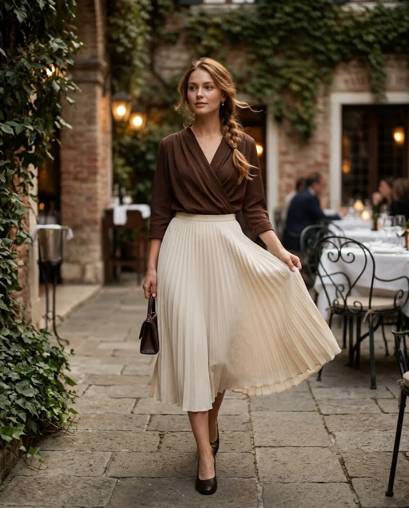 Chocolate Wrap Top with a Pleated Skirt, an elegant old money fall dinner outfit for women