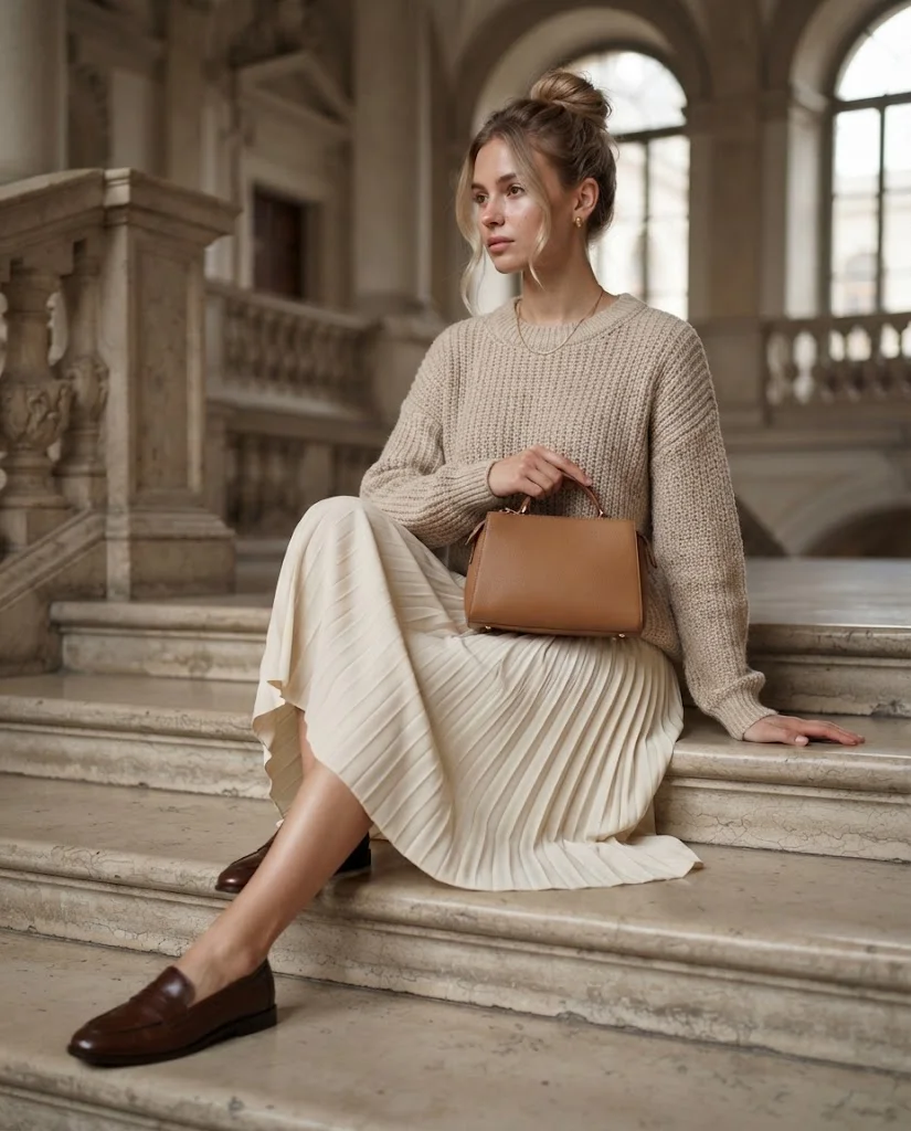 Chunky Knit Sweater with Pleated Midi Skirt, an elegant old money warm-weather fall outfit for women