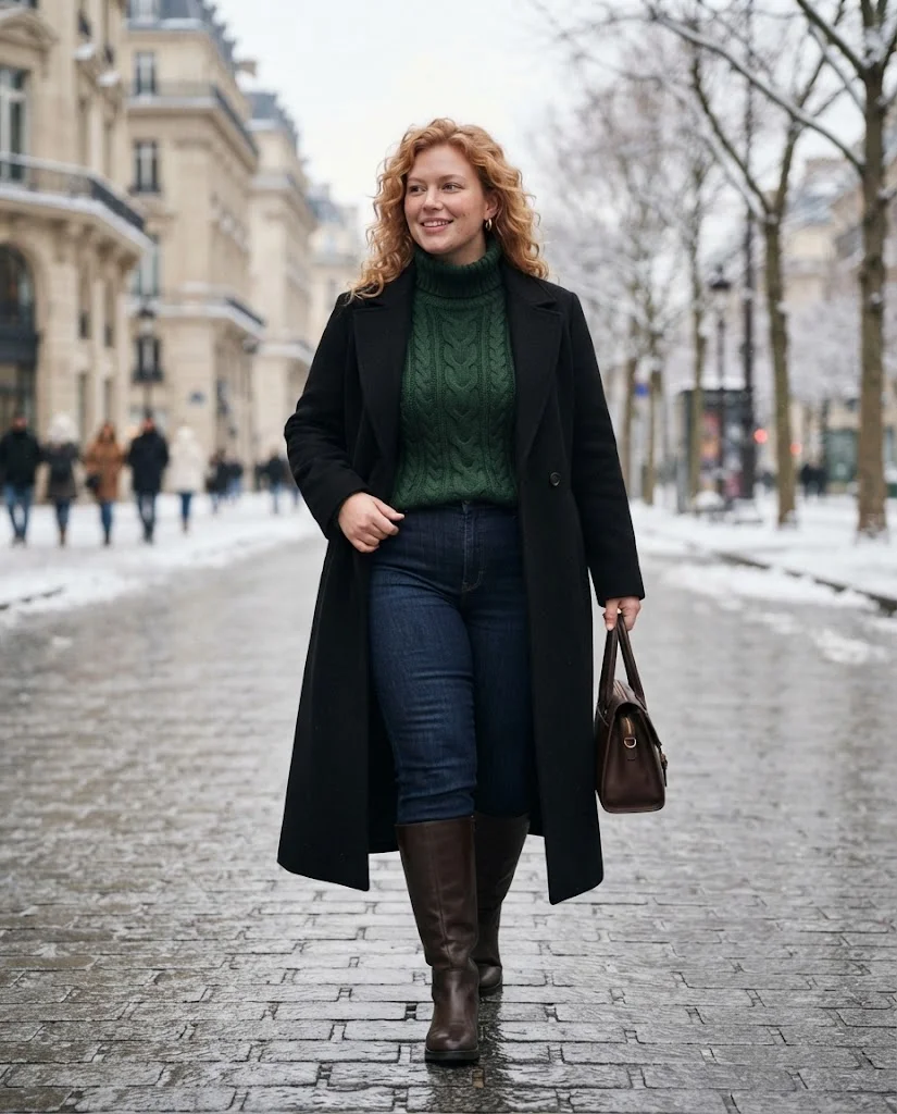 Plus Size Winter Outfits for Women: 15 Warm and Stylish Ideas 10 Chunky Turtleneck With Dark Denim and Tall Boots, a classic plus size winter outfit for women