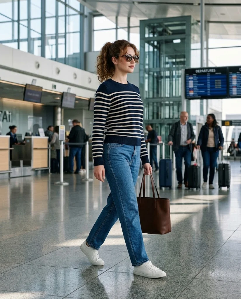 Old Money Airport Outfits: 20+ Chic Travel Looks for Women 23 women wearing Classic Striped Sweater With Relaxed Denim