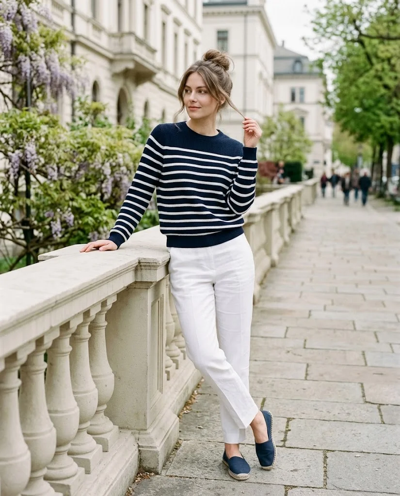 women wearing Classic Stripes With Crisp White Pants