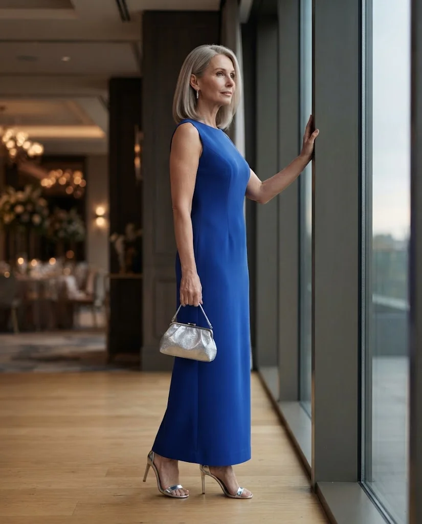 Chic Formal Wedding Guest Outfits for Women Over 50: 20+ Elegant Ideas 8 Cobalt Blue Column Dress with Silver Accessories, a formal wedding guest outfit for women over 50
