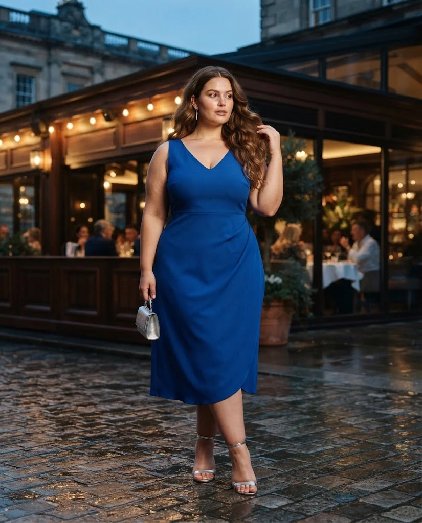 Cobalt Blue Midi Dress With Silver Accessories Plus Size Date Night Outfit