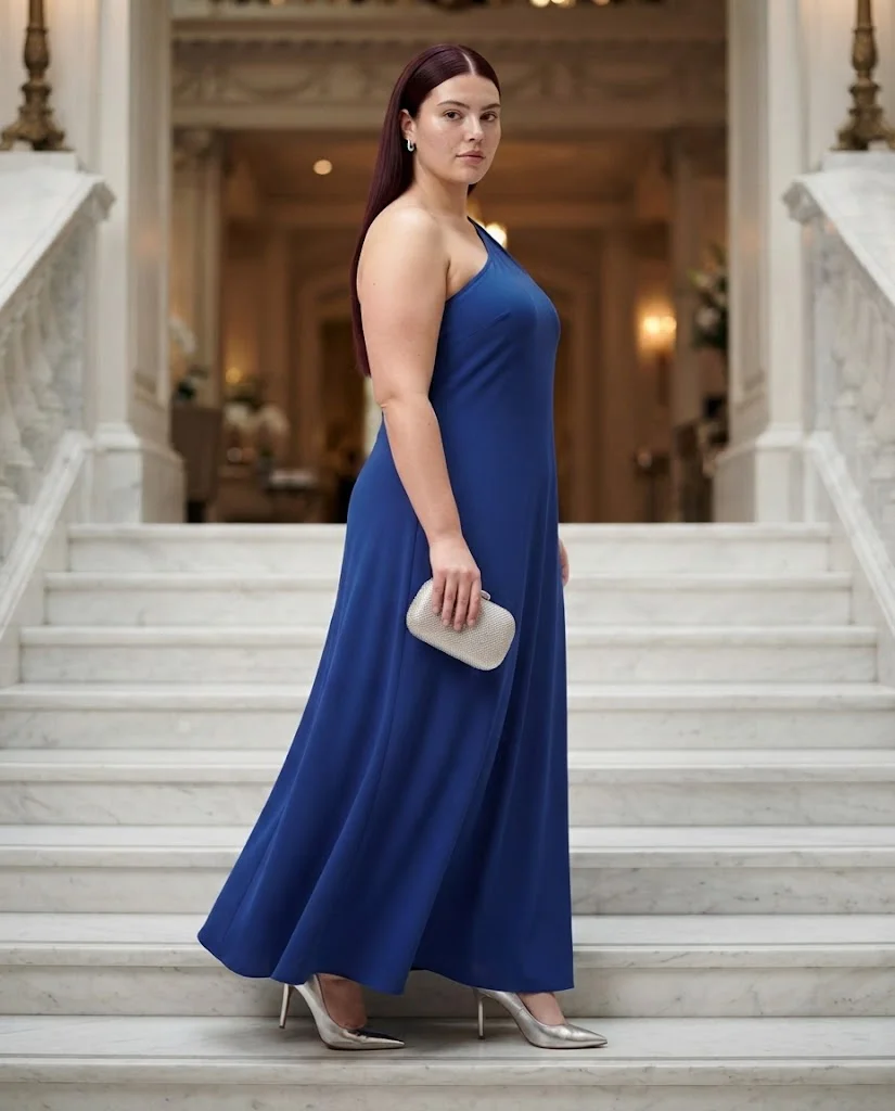 women wearing Cobalt Blue One-Shoulder Maxi Dress