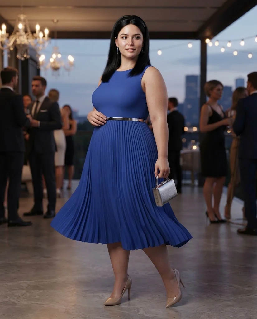 Cobalt Blue Pleated Midi Dress With Nude Heels Plus Size Cocktail Party Outfit