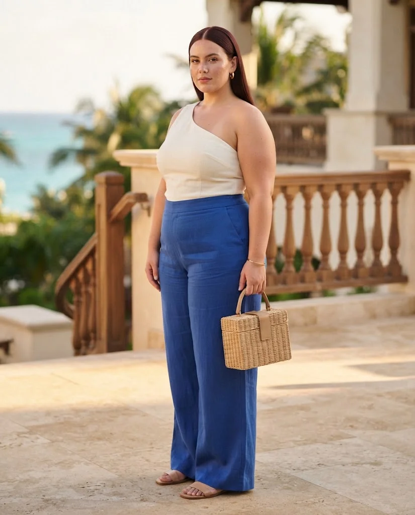 Cobalt Blue Wide-Leg Pants With an Ivory One-Shoulder Top Plus Size Resort Wear Outfit