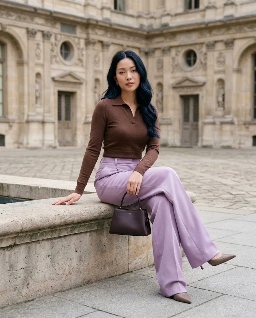 Early Fall Outfits for Women: 20+ Elegant Old Money Ideas 17 Cocoa Knit Polo with Lilac Tailored Trousers, an elegant old money early fall outfit for women