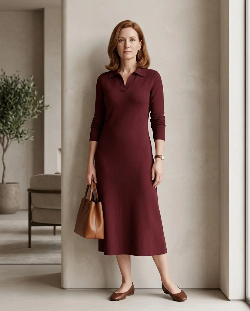 women wearing Collared Knit Dress With Simple Flats