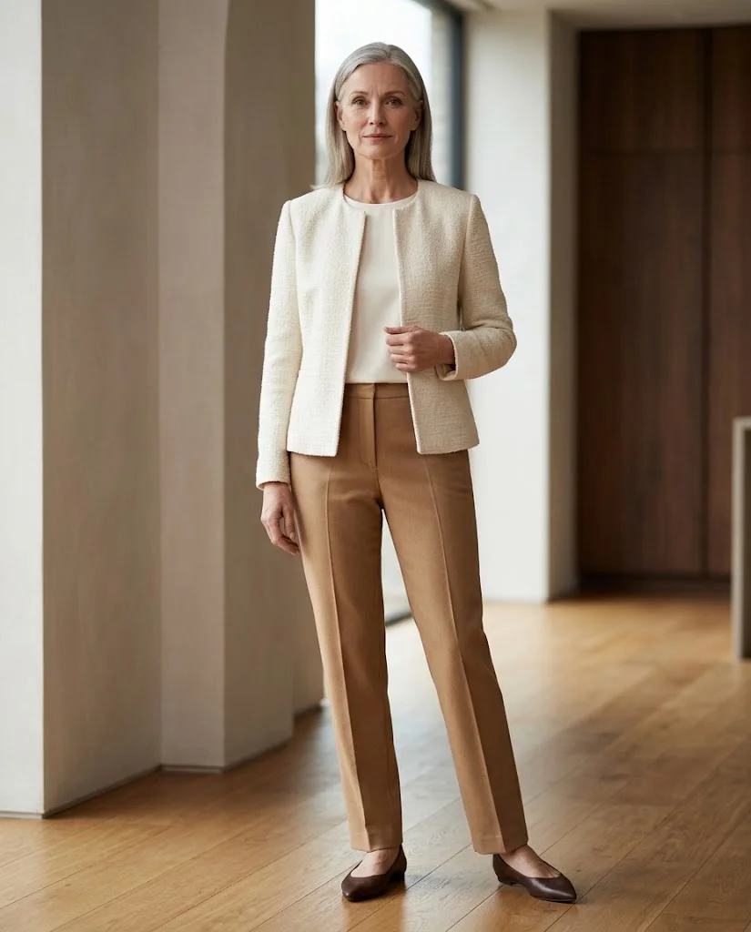 women wearing Collarless Jacket With Straight-Leg Trousers