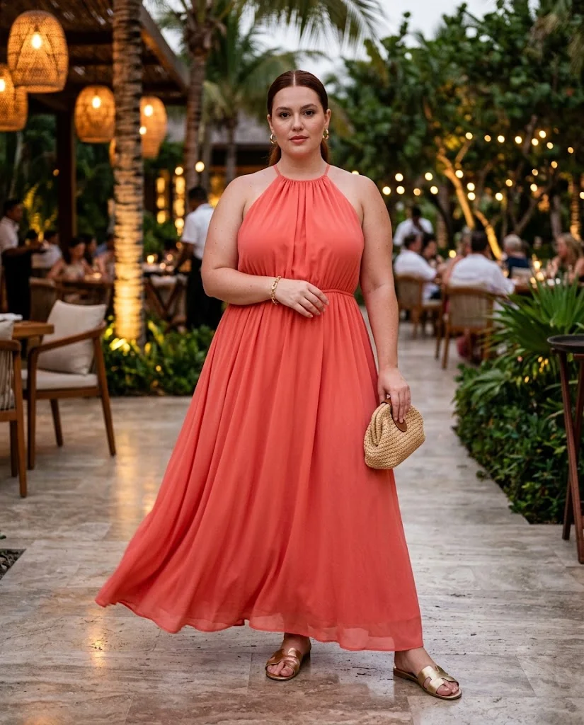 Plus Size Vacation Dinner Outfits: Elegant Looks for Warm Evenings 2 Coral Halter Maxi Dress With Metallic Sandals Plus Size Vacation Dinner Outfit