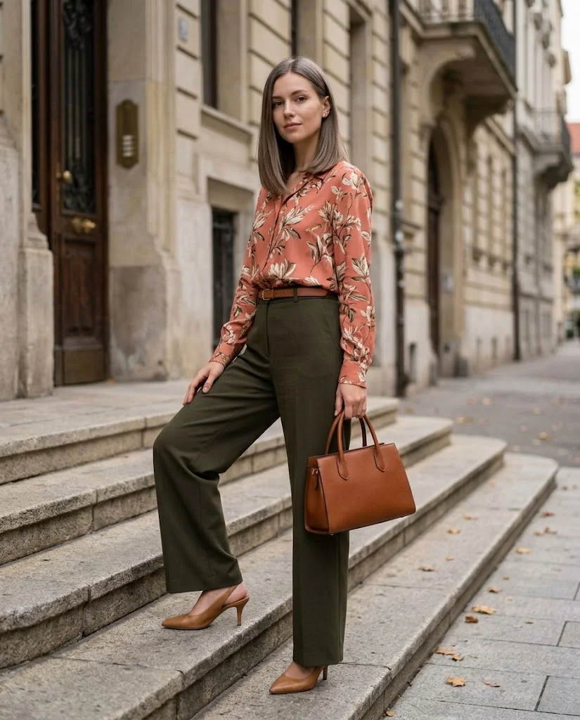 Early Fall Outfits for Women: 20+ Elegant Old Money Ideas 8 Coral Printed Blouse with Deep Olive Wide-Leg Pants, an elegant old money early fall outfit for women