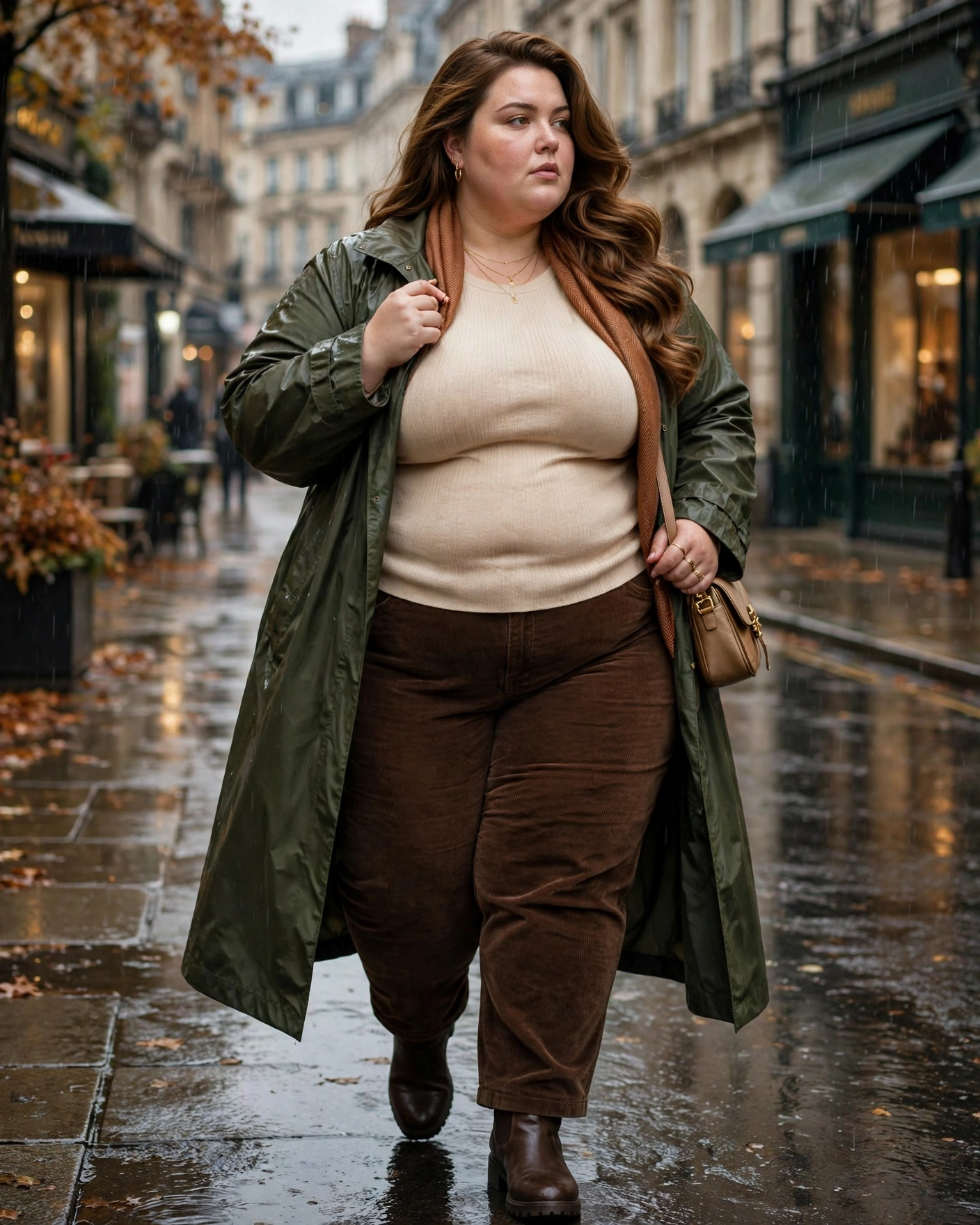 Corduroy Pants With a Knit Top and Long Raincoat Plus Size Rainy Fall Outfit