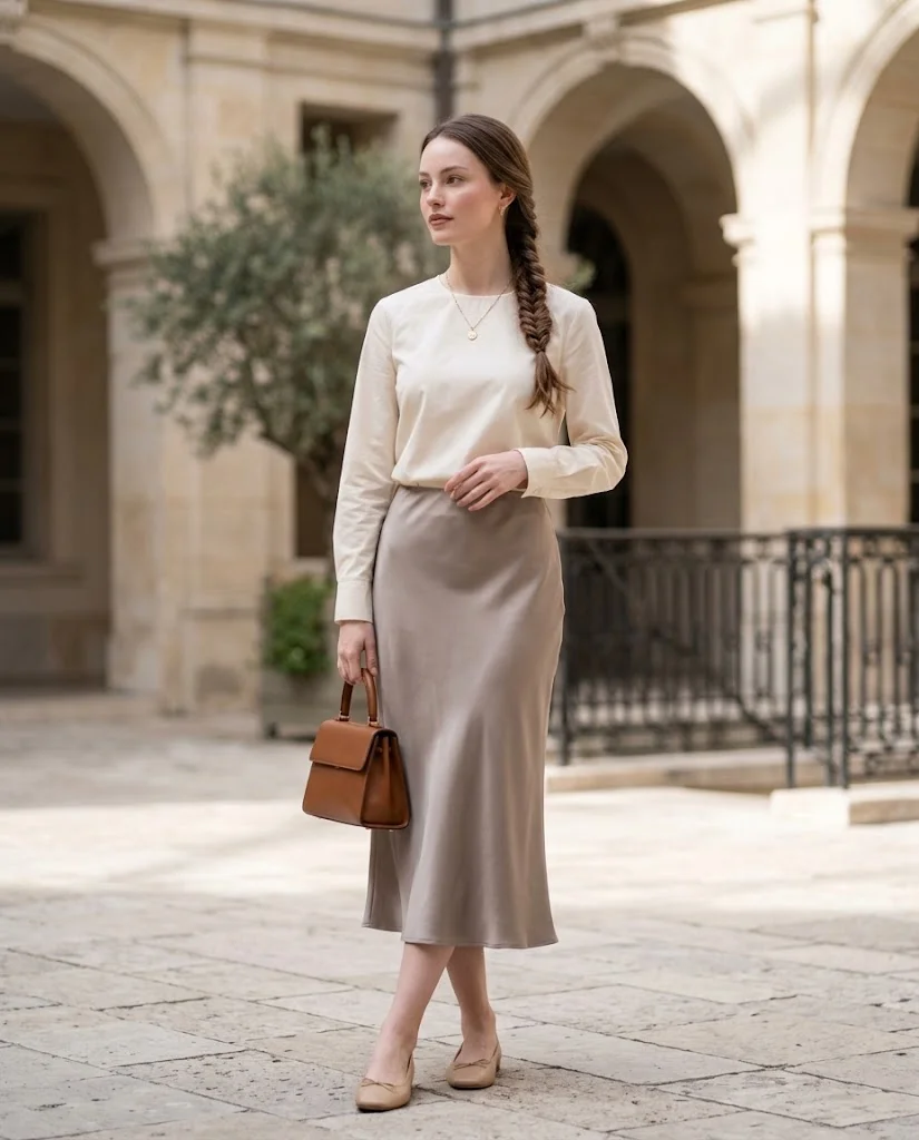 Elegant Old Money Outfits for Women: 20+ Timeless Ideas 19 women wearing Cotton Blouse With a Bias-Cut Skirt