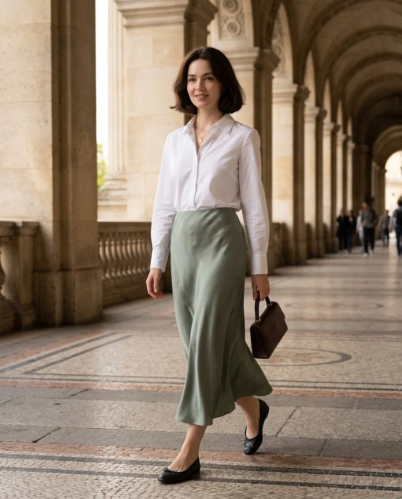 women wearing Cotton Blouse With a Bias-Cut Skirt