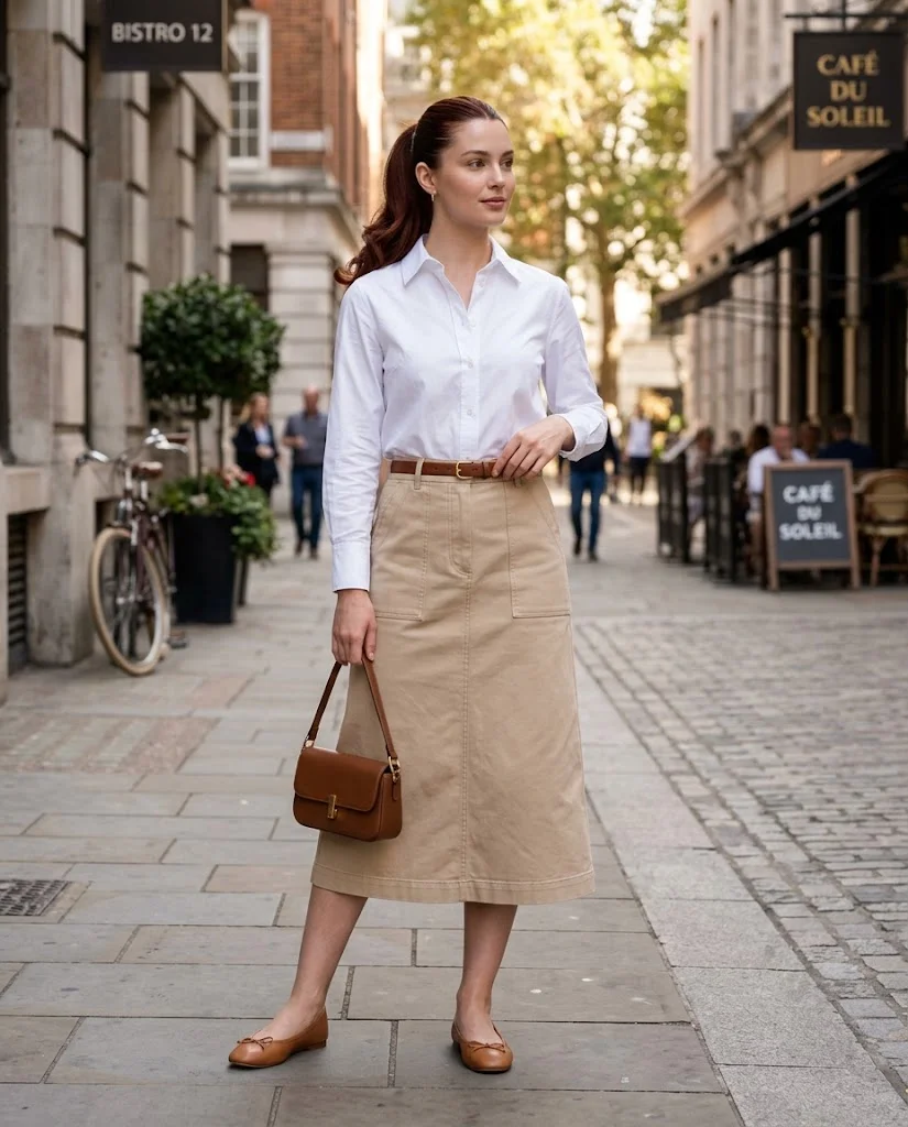 Casual Old Money Outfits for Women: 20+ Chic & Polished Ideas 15 women wearing Cotton Shirt With a Utility Midi Skirt