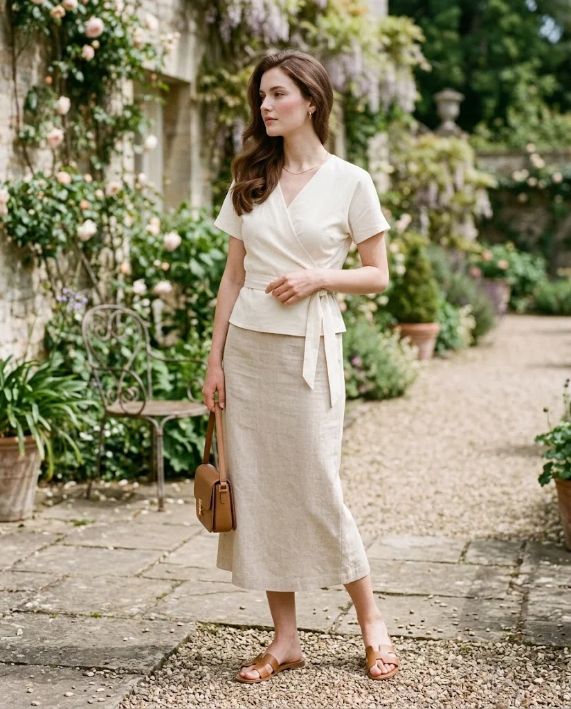 Casual Old Money Outfits for Women: 20+ Chic & Polished Ideas 20 women wearing Cotton Wrap Top With a Straight Midi Skirt