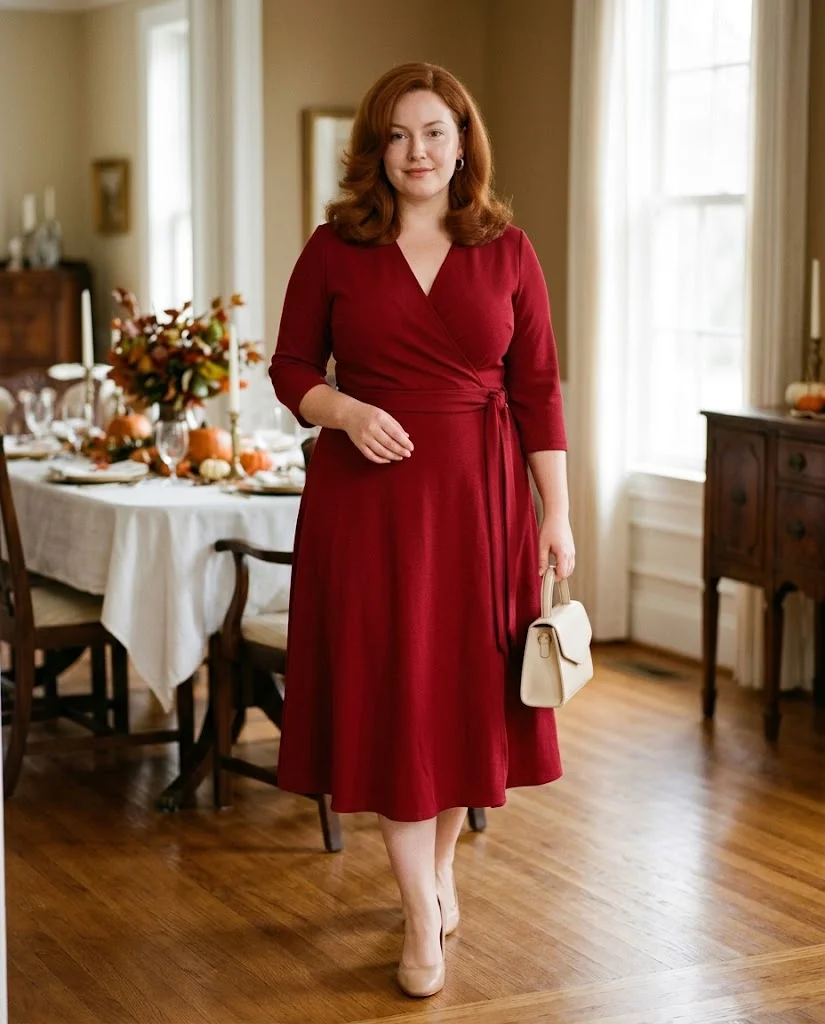 Cranberry Wrap Dress With Nude Block Heels Plus Size Thanksgiving Outfit