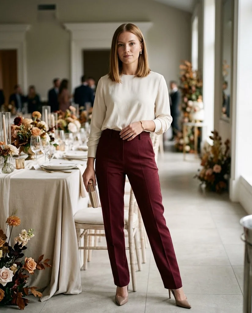 women wearing Cream Blouse With Burgundy Tailored Pants