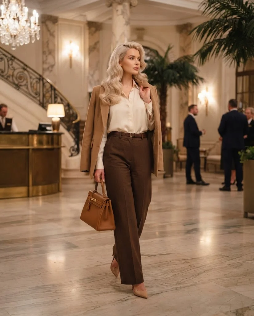 Cream Blouse with Chocolate Wide-Leg Trousers, an elegant old money fall date night outfit for women